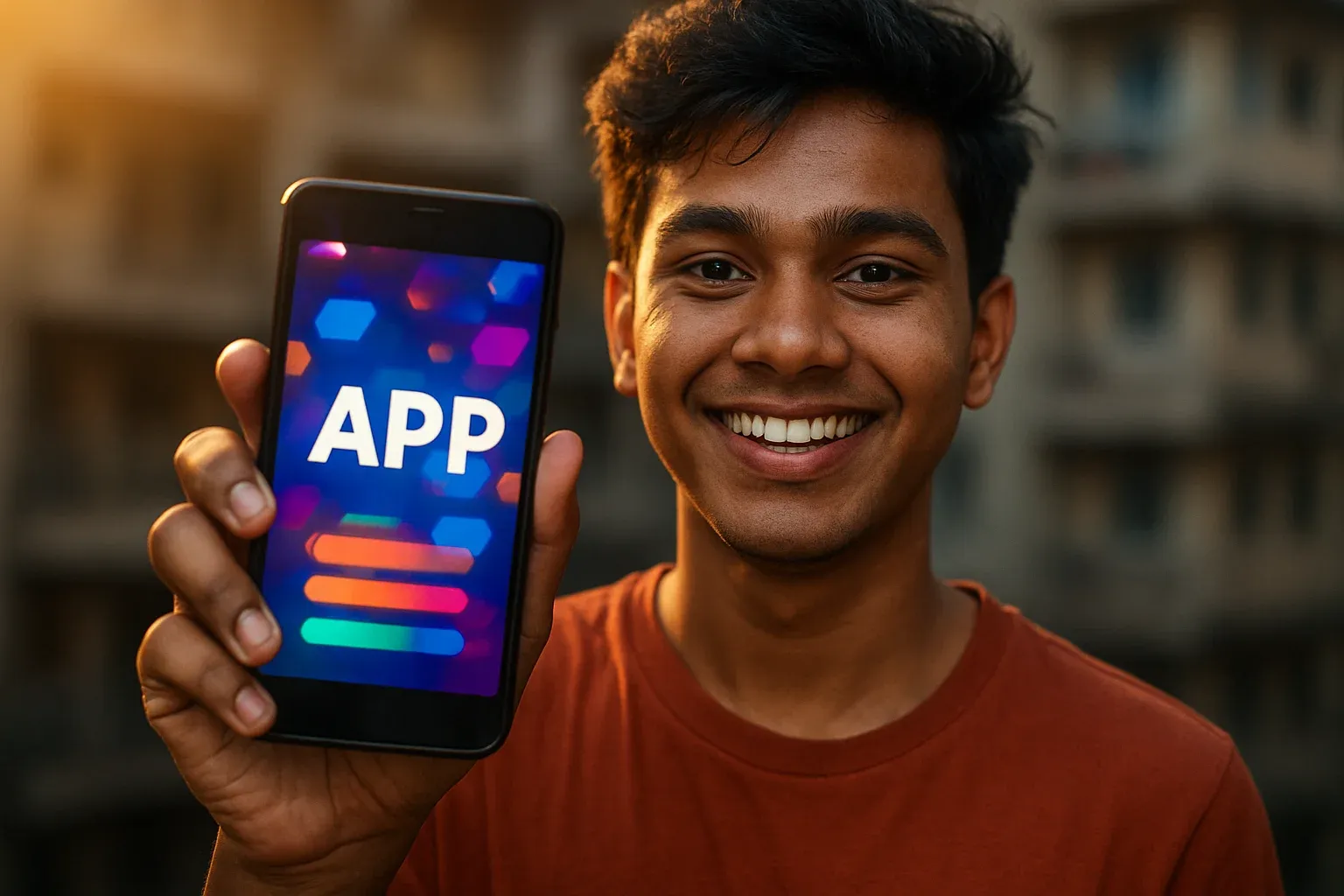 Smiling young Bangladeshi man holding smartphone with colorful gaming app screen