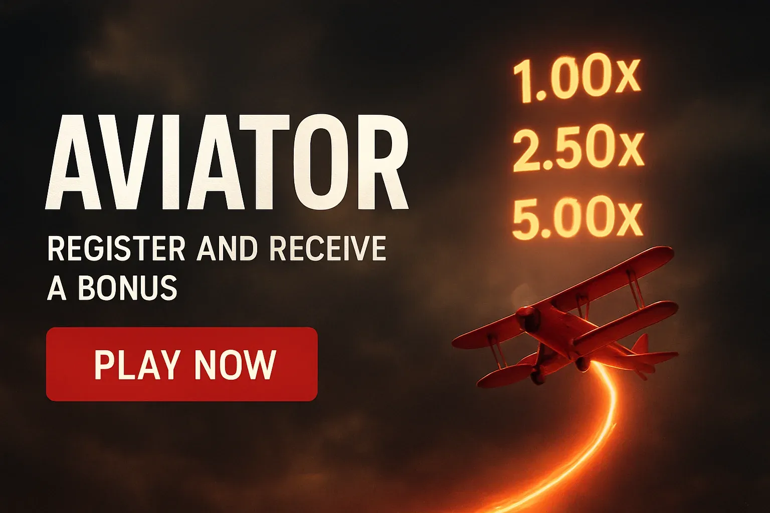 Aviator crash game banner with red plane, multipliers, and play button