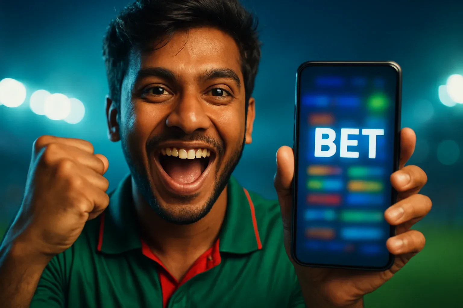 Excited Bangladeshi man holding smartphone with sports betting screen saying BET
