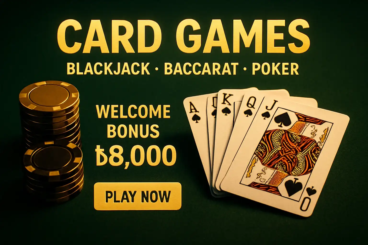 Card games banner with playing cards, chips, bonus offer, and CTA