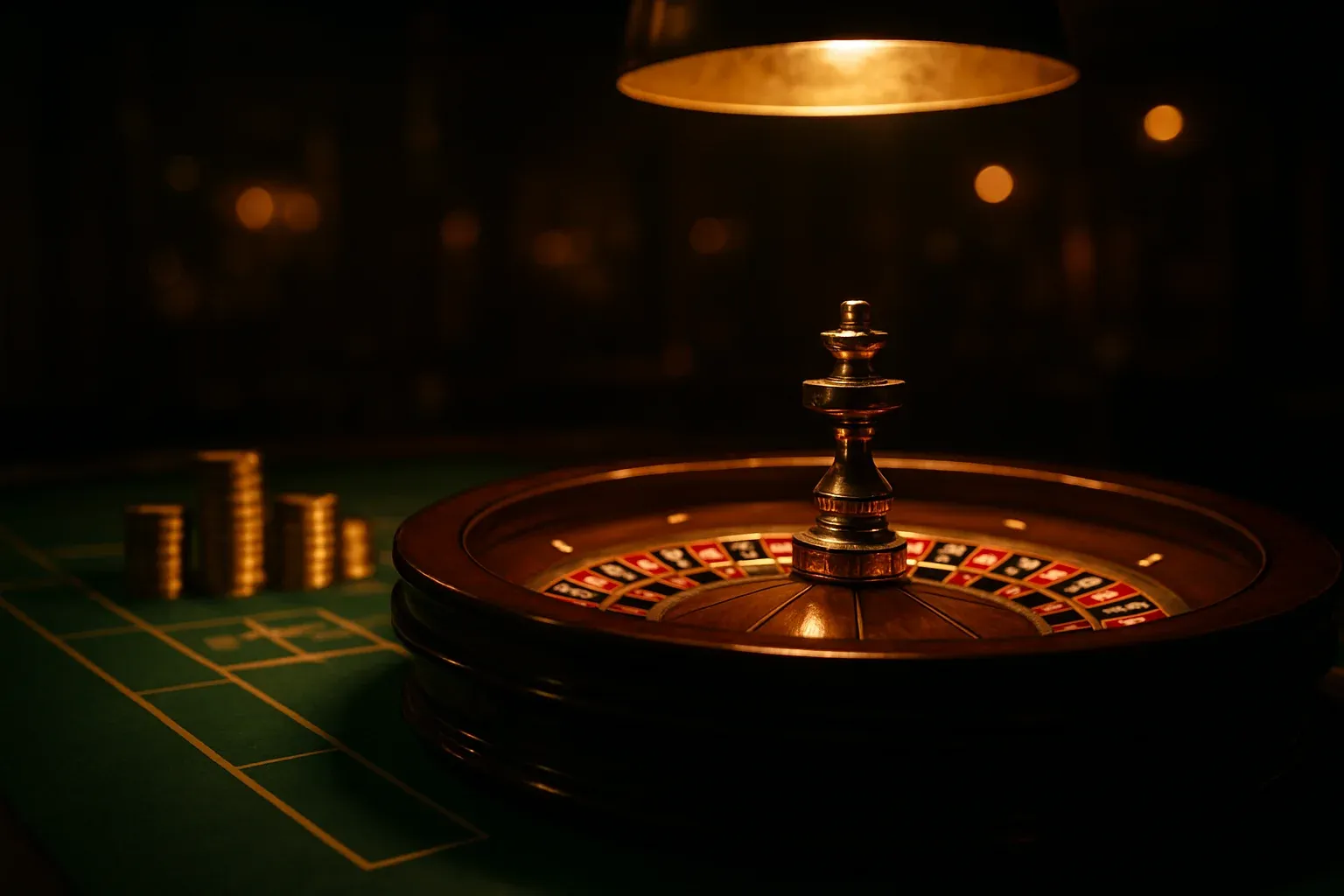 Elegant live casino table with glowing roulette wheel and golden chips