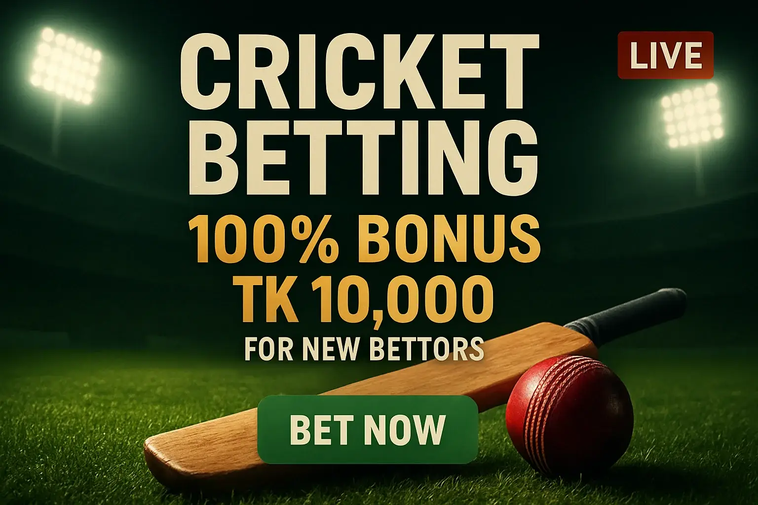 Cricket betting banner with stadium, bat, ball, bonus, and CTA