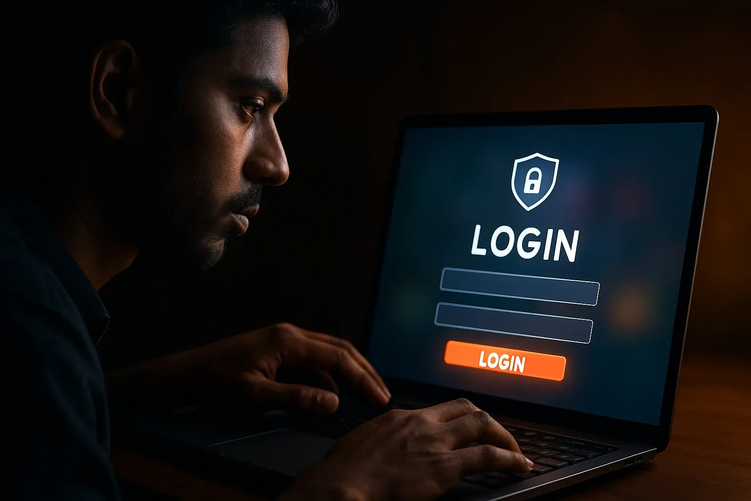 Young Bangladeshi man using laptop with visible login screen and glowing button