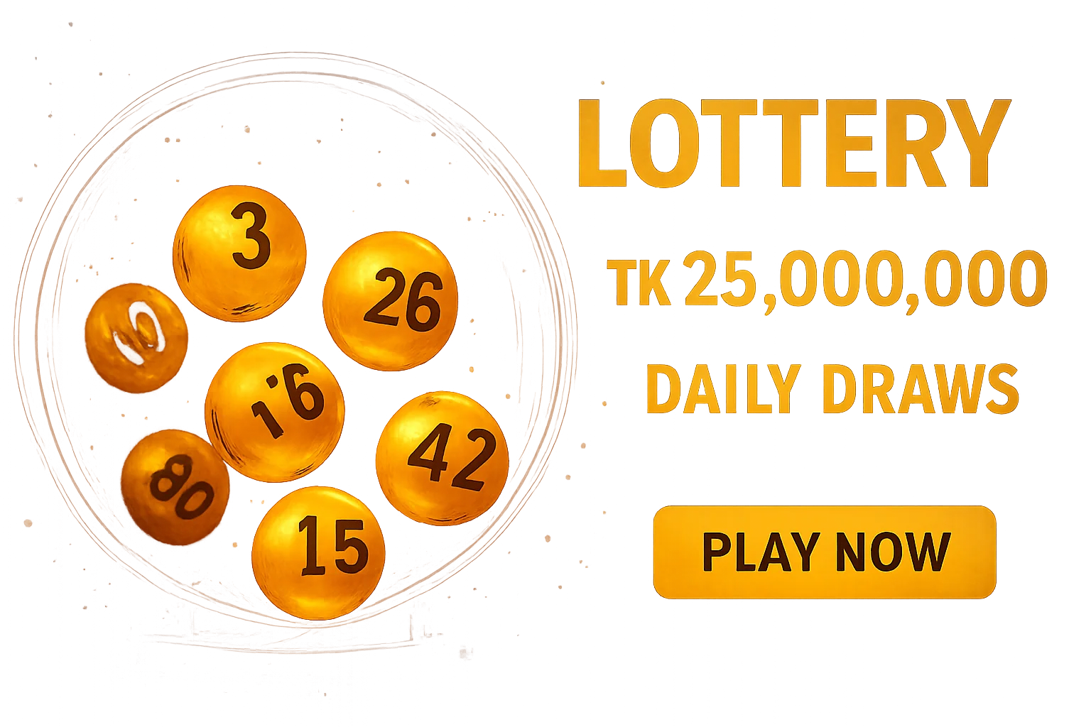 Festive lottery banner with golden numbered balls and draw machine