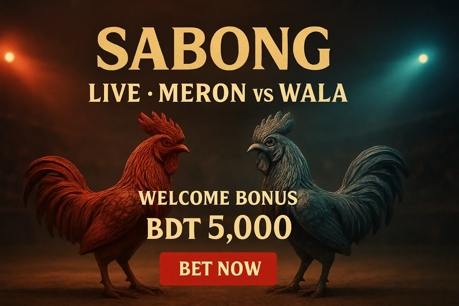 Live sabong banner with decorative rooster figurines and dramatic arena lighting
