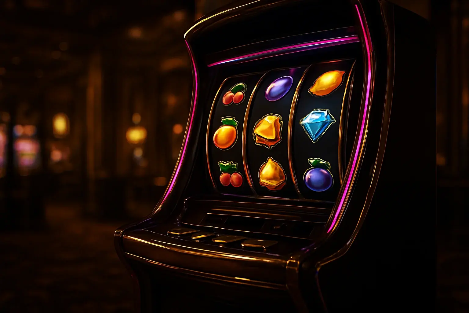 Hyperrealistic premium slot machine with three vertical reels in luxury casino